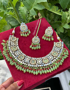 C Red Colour Jewellery Options: Mint colour choker / necklace set in mirror ( high quality )