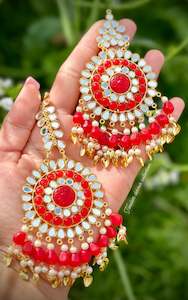 C Red Colour Jewellery Options: Red earrings and tikka set in mirror with pipal patti