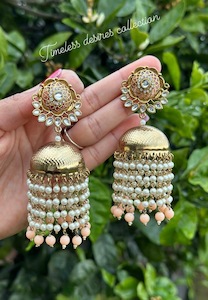 C Peach Colour Jewellery Options: Pearl Drop Jhumka earrings in Peach colour