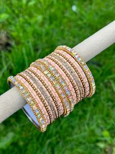 C Peach Colour Jewellery Options: Peach colour bangles with shiny golden kangan’s ( set of both hands )