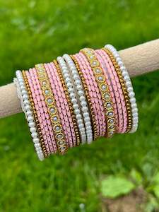 C Peach Colour Jewellery Options: Peach Pearl loaded bangles set ( both hands )