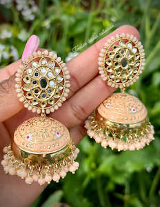 C Peach Colour Jewellery Options: Peach Jhumka earrings in Meenakari with mirror