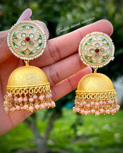 Peach Meenakari Jhumka earrings in 22 KT gold plating ( high quality )