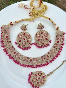 C Hot Pink Colour Jewellery Options: Pink necklace set with earrings and tikka- J25
