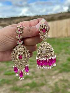 Hot pink earrings with tikka - J22