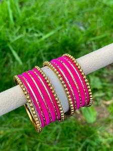 C Hot Pink Colour Jewellery Options: Hot pink velvet bangles set with golden beaded kangan’s