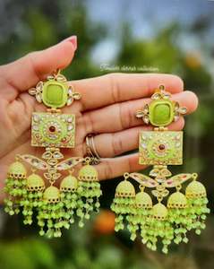 Mint Green Colour Jewellery Options: ( Item code E-1 )Mint green Jhumka earrings in meenakari with 22 KT gold plating