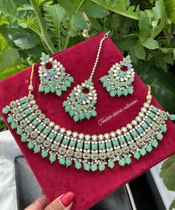 Mint Green Colour Jewellery Options: Pista colour choker / necklace set in mirror
