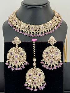 Lavender colour necklace set with earrings and tikka- J25