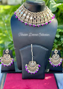 C Purple Colour Jewellery Options: Purple pearl loaded choker / necklace set in mirror