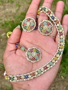 Multi Necklace set with earrings and tikka - J27