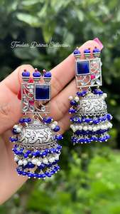 C Blue Colour Jewellery Options: Blue Jhumka drop earrings in silver with Monalisa