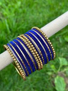 C Blue Colour Jewellery Options: Blue velvet bangles set with golden beaded kangan’s