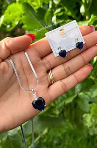 C Blue Colour Jewellery Options: Blue American diamond necklace set with earrings in silver polish