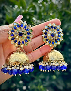 Blue Jhumka earrings in mirror with matt solid copper base ( high quality )