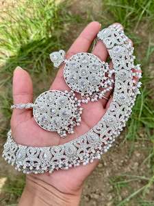 Silver Colour Jewellery Options: Silver necklace set with earrings and tikka- J25