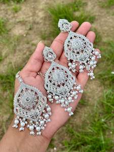 Silver Colour Jewellery Options: Silver earrings with tikka- J10