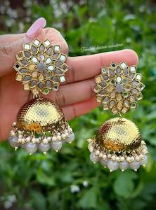 Grey Collection: Grey Jhumka Earrings in mirror with copper base ( High quality )