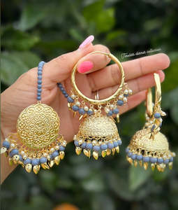 Grey Jhumka waliya earrings with Tikka in pipal patti in traditional jewellery