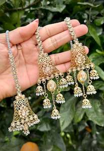 Grey Jhumka drop earrings and tikka set in reverse AD ( high quality of Polki )