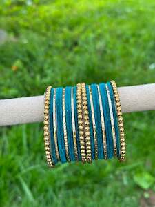 Peacock Colour Jewellery Options: Peacock colour velvet bangles set with golden beaded kangan’s