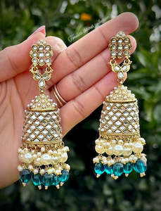 Peacock Colour Jewellery Options: Peacock colour long pearl loaded Jhumka earrings in Kundan