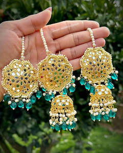 Peacock colour Jhumka earrings and tikka set in mirror