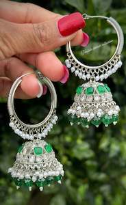 Waliya Collection: Green colour jhumka Waliya earrings in polki in silver polish