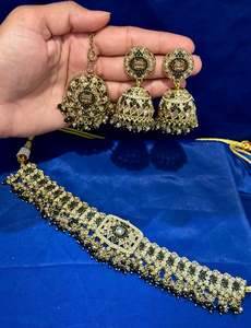 Necklace Sets: Necklace set with earrings and tikka in polki, Colour: Black, Code: 090