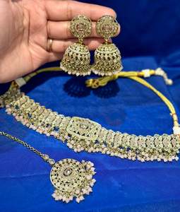 Necklace set with earrings and tikka in polki, Colour: Baby pink, Code: 089