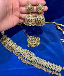 Necklace Sets: Necklace set with earrings and tikka in polki, Colour: Golden, Code: 114