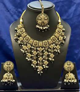 Necklace Sets: Necklace set with earrings and tikka in polki, Colour: Black, Code: 103