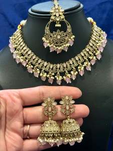 Necklace Sets: Necklace set with earrings and tikka in polki, Colour: Baby pink, Code: 109