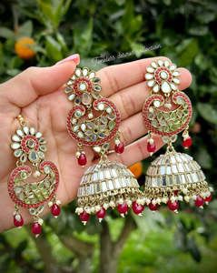 Maroon Long Jhumka earrings With Tikka in Mirror