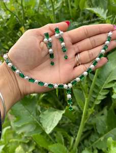 Green American diamond necklace set in silver