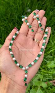 Green American diamond necklace set rose gold polish