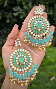 C Sky Blue Colour Jewellery Options: Sky blue earrings and tikka set in mirror with pipal patti