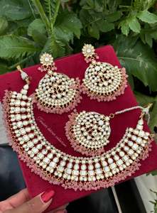 C Baby Pink Colour Jewellery Options: Baby pink Necklace / choker set in Kundan with oversized earrings and tikka ( high quality )