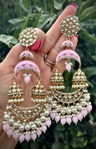C Baby Pink Colour Jewellery Options: ( ITEM Code E-1 ) Baby pink colour jhumka drop earrings in Meenakari Kundan ( statement PC , High quality )