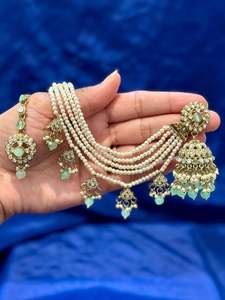 Earrings Collection: Bahubali Earrings with tikka in Kundan, Colour: Mint, (Code:098)