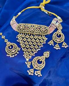 AD-Jadau Necklace set with earrings (Premium Quality), Colour: Baby pink, (Code: X12)