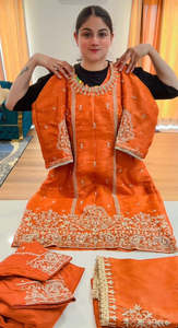 Punjabi Suits: Partywear hand + tilla work suit (Colour: rust), Code: 249