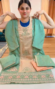 Punjabi Suits: Partywear hand, patch and tilla work suit (Colour: mint peach), Code: 206