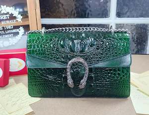 Embossed Genuine Leather with Tiger Head Closure Chain-Linked Shoulder Bag