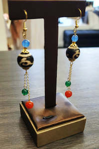 Earthborn Treasures Collection: Tibetan Dzi RuYi & Jade | Black Dzi | Gold-Toned Plated Tassel Earrings