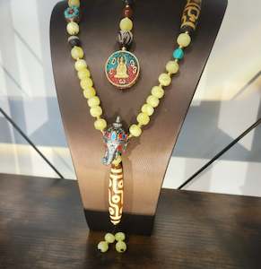 Earthborn Treasures Collection: Tibetan Dzi Trinity Amulet | Ganesha Protector | Burmese Amber Beaded Long Necklace
