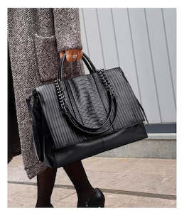 Synthetic Vegan Friendly Leather: Embossed Leather Dual Top Handles w Chain-link Straps Large Handbag