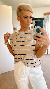 20 Tops: Refuge beige stripe shoulder pad tank