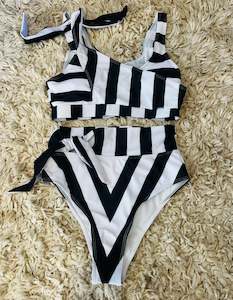 Swimwear: Stripe high waist tie detail bikini
