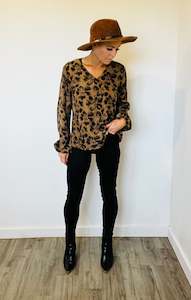 Massive Reductions: Lantern sleeve floral khaki blouse